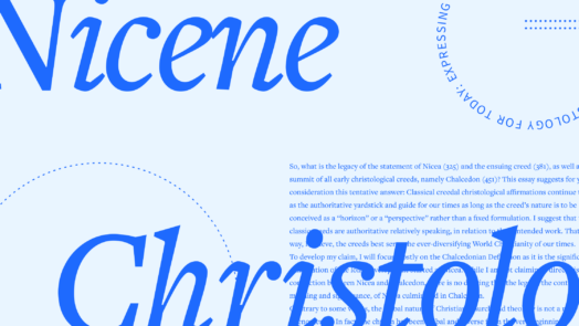 The words Nicene Christology in large Logos blue font, over an excerpt of the article text in the lower right corner.