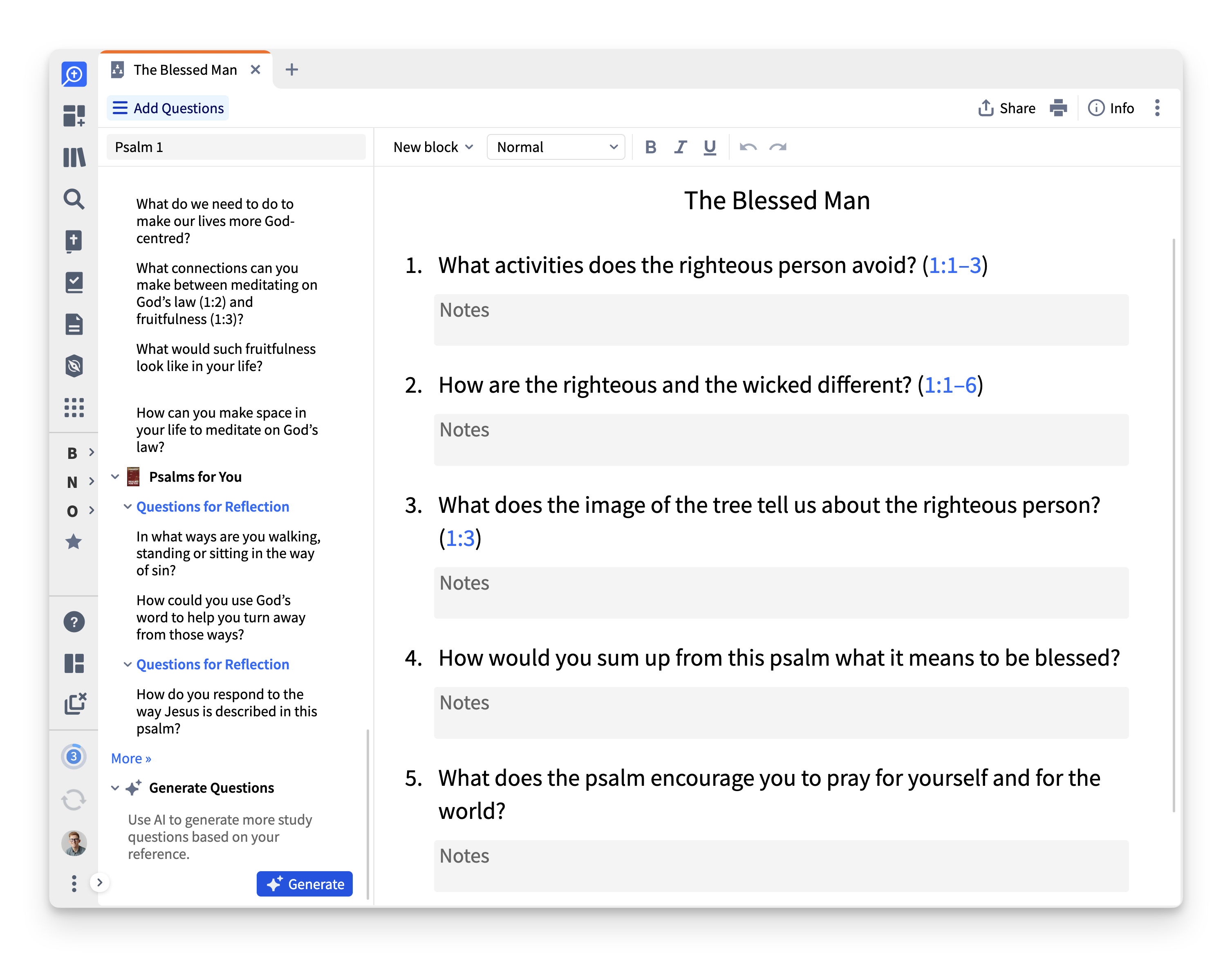 Logos’s Basic Bible Study Builder on Psalm 1.