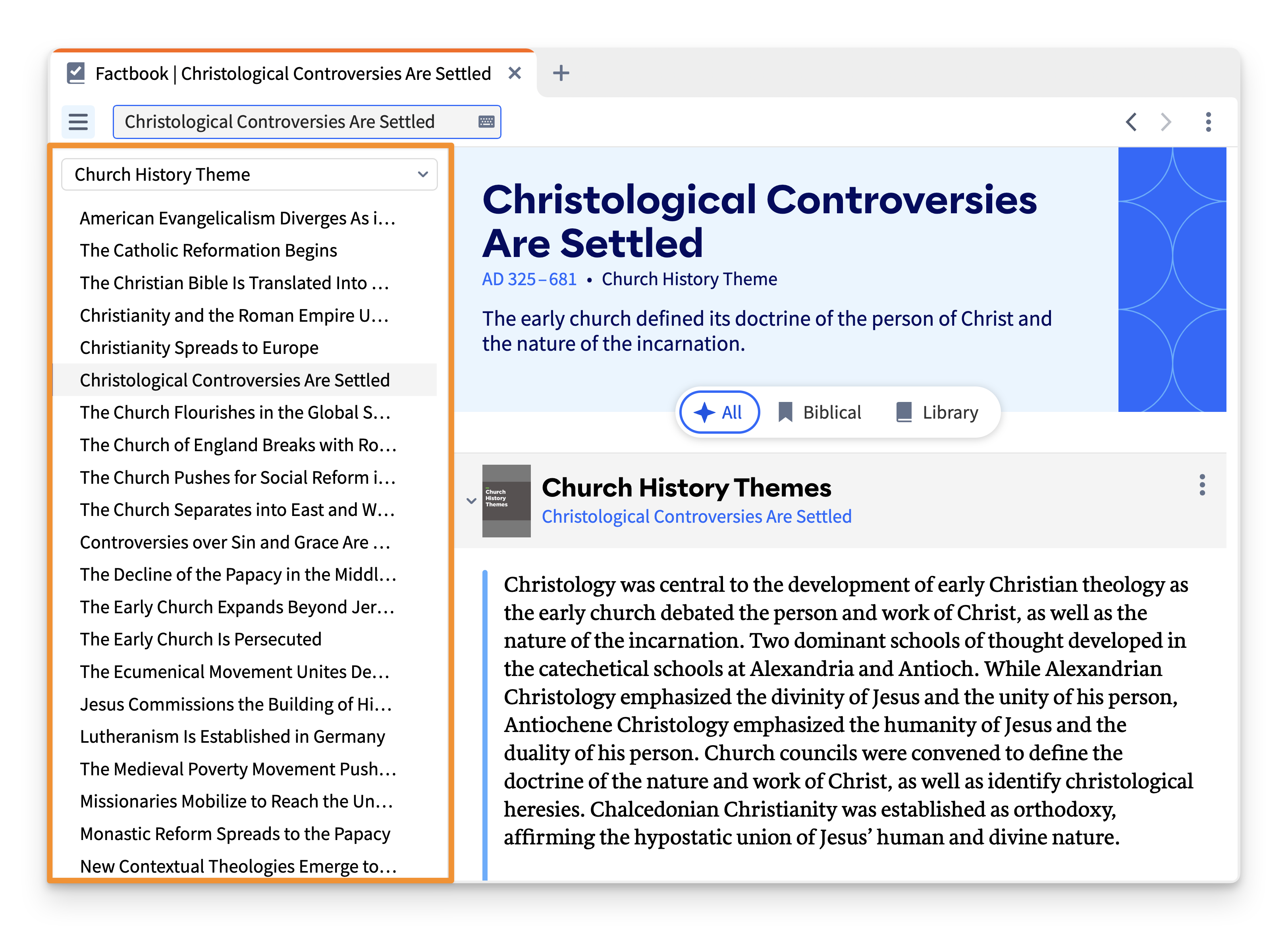 Logos Factbook open to Christological Controversies Are Settled, showing the Church History Themes dataset in the left menu.