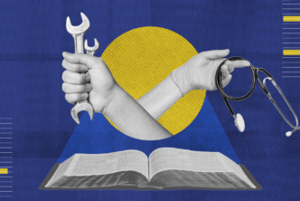 a hand gripping a stethoscope, another a wrench, both above an open bible symbolizing the theology of work.