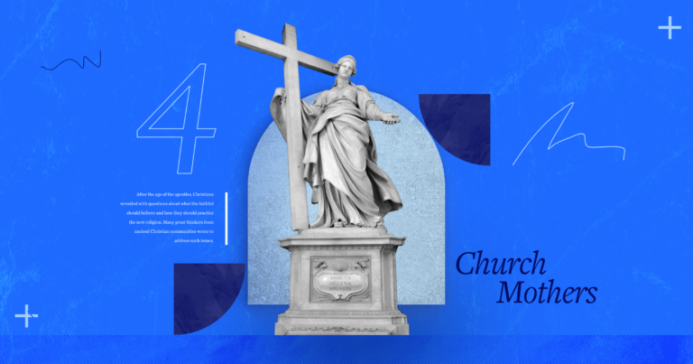 A statue of Saint Helena holding a cross, symbolizing her influence in early Christianity . To the right, the words Church Mothers. On the left, a portion of the article text with a large number 4 above it to represent the 4 women mentioned in this article.