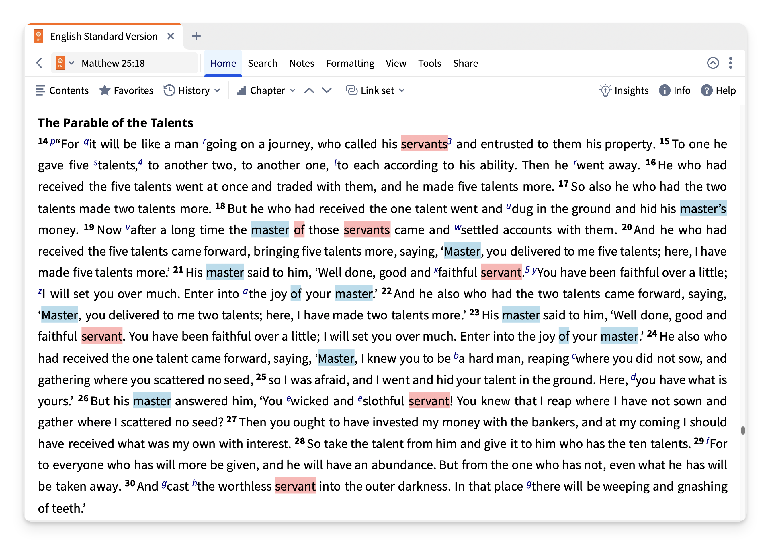 Use of slave and master in Matthew 25.14-30 as shown with Logos's emphasize tool.